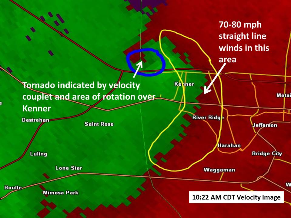 KLIX Base Velocity product for Kenner, LA tornado and straight line winds - 04/27/2015