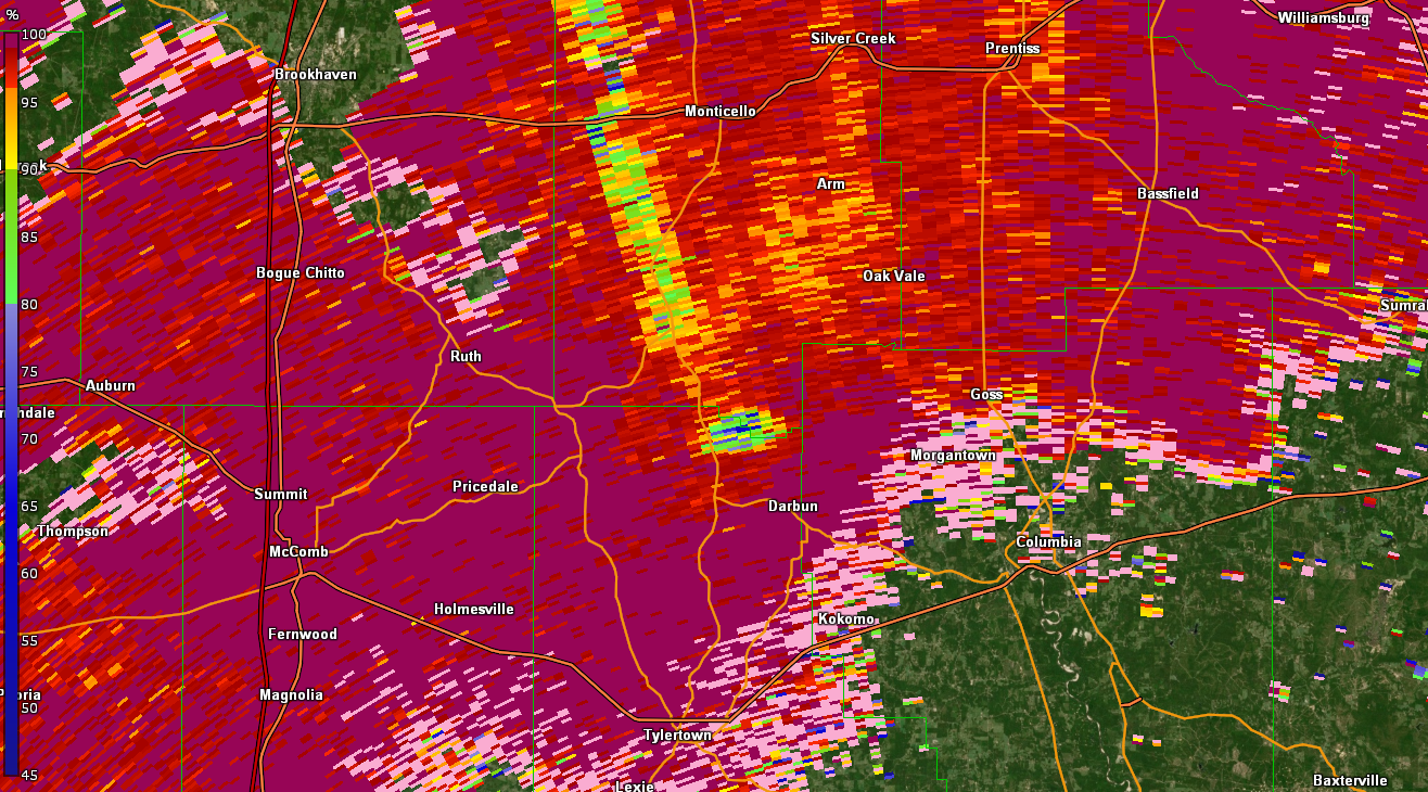 KLIX Storm Relative Velocity product for Northern Walthall County, MS tornado - 04/12/20 347 PM CDT