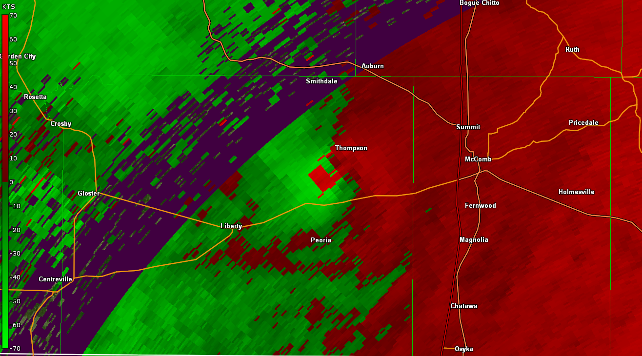 KLIX Storm Relative Velocity product for Amite and Pike County, MS tornado - 04/23/20 311 AM CDT