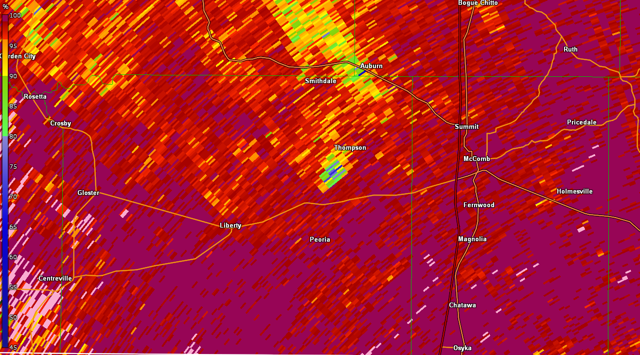 KLIX Correlation Coefficient product for Amite and Pike County, MS tornado - 04/23/20 311 AM CDT