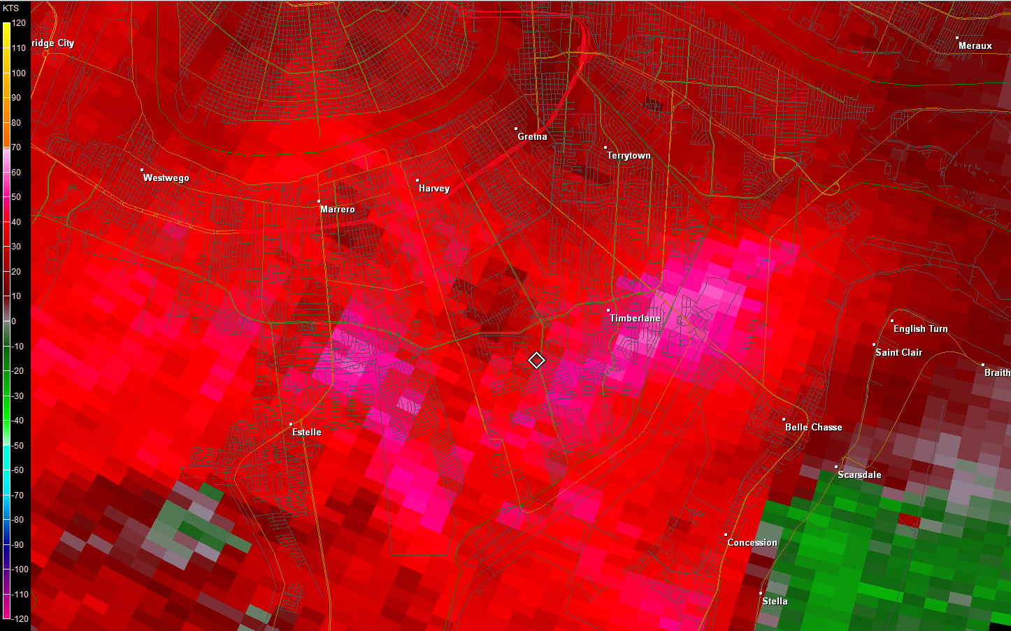 KLIX Storm Relative Velocity product for Harvey, LA straight line winds and hail - 03/29/11