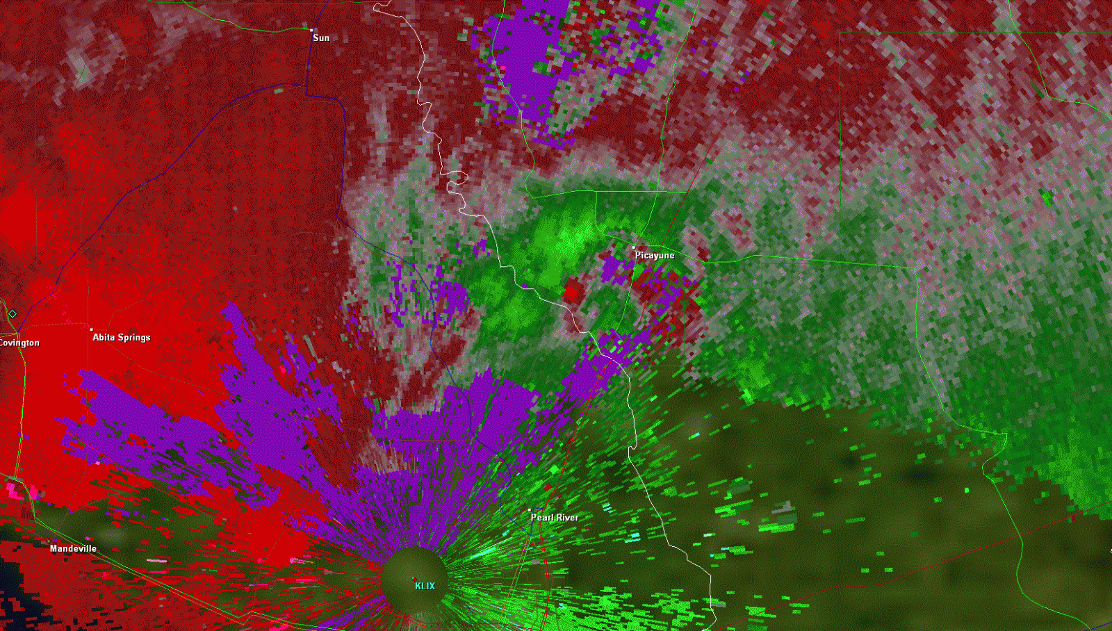 KLIX Storm Relative Velocity product for Picayune, MS tornado of 3/9/2011