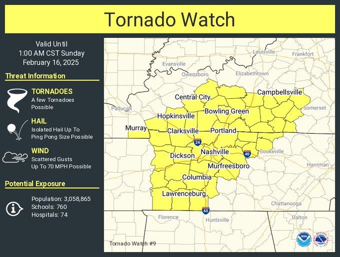 Tornado Watch issued Saturday (February 15th) evening. 