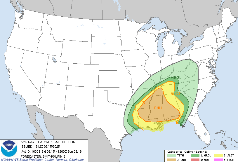 SPC Day 1 Outlook for severe weather on Saturday, February 15th