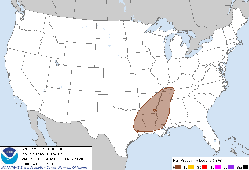 SPC Day 1 risk for hail on Saturday, February 15th