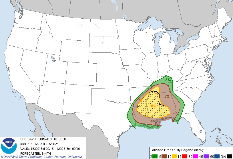 SPC Day 1 risk for tornados on Saturday, February 15th