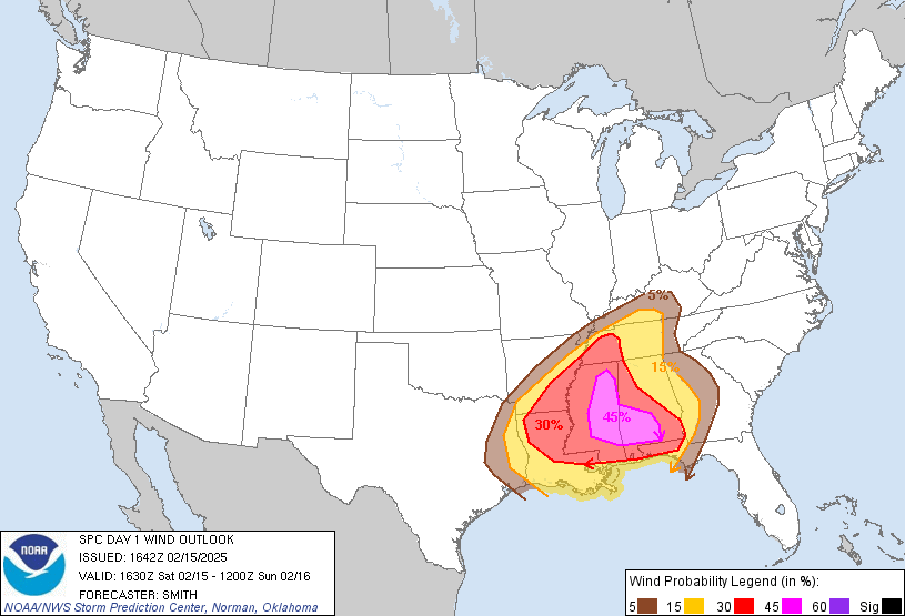 SPC Day 1 risk for wind on Saturday, February 15th