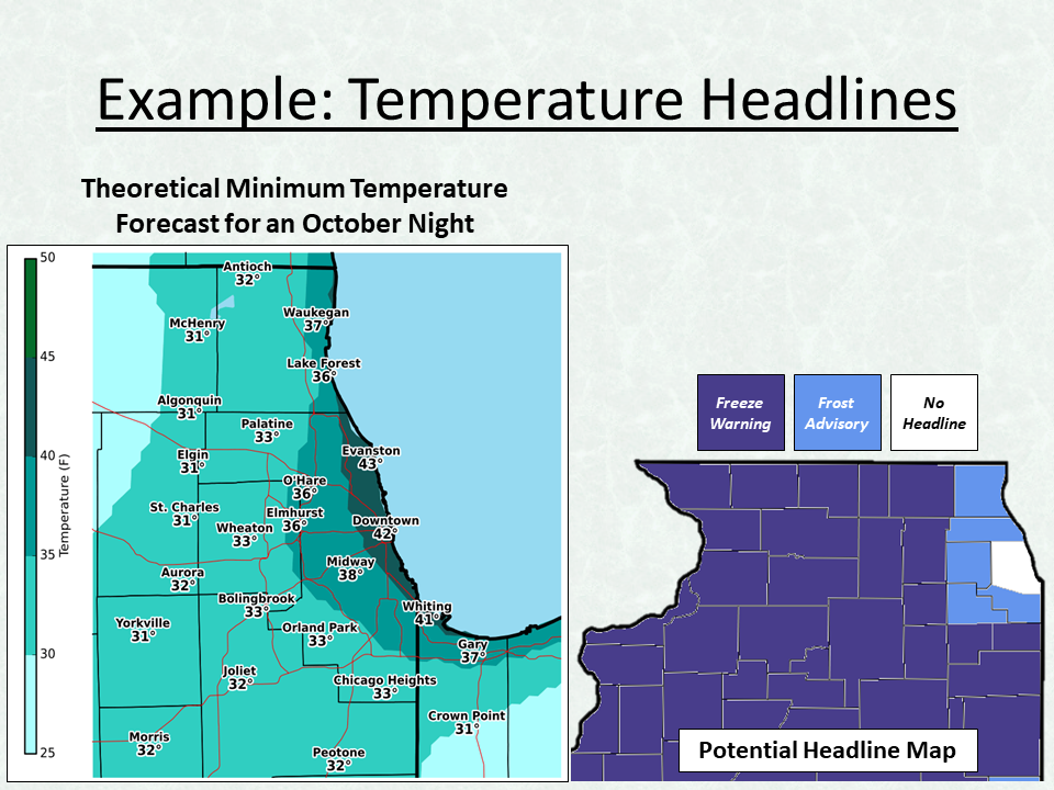 Example - Frost and Freeze headlines adjusted for Lake Michigan and urban influences