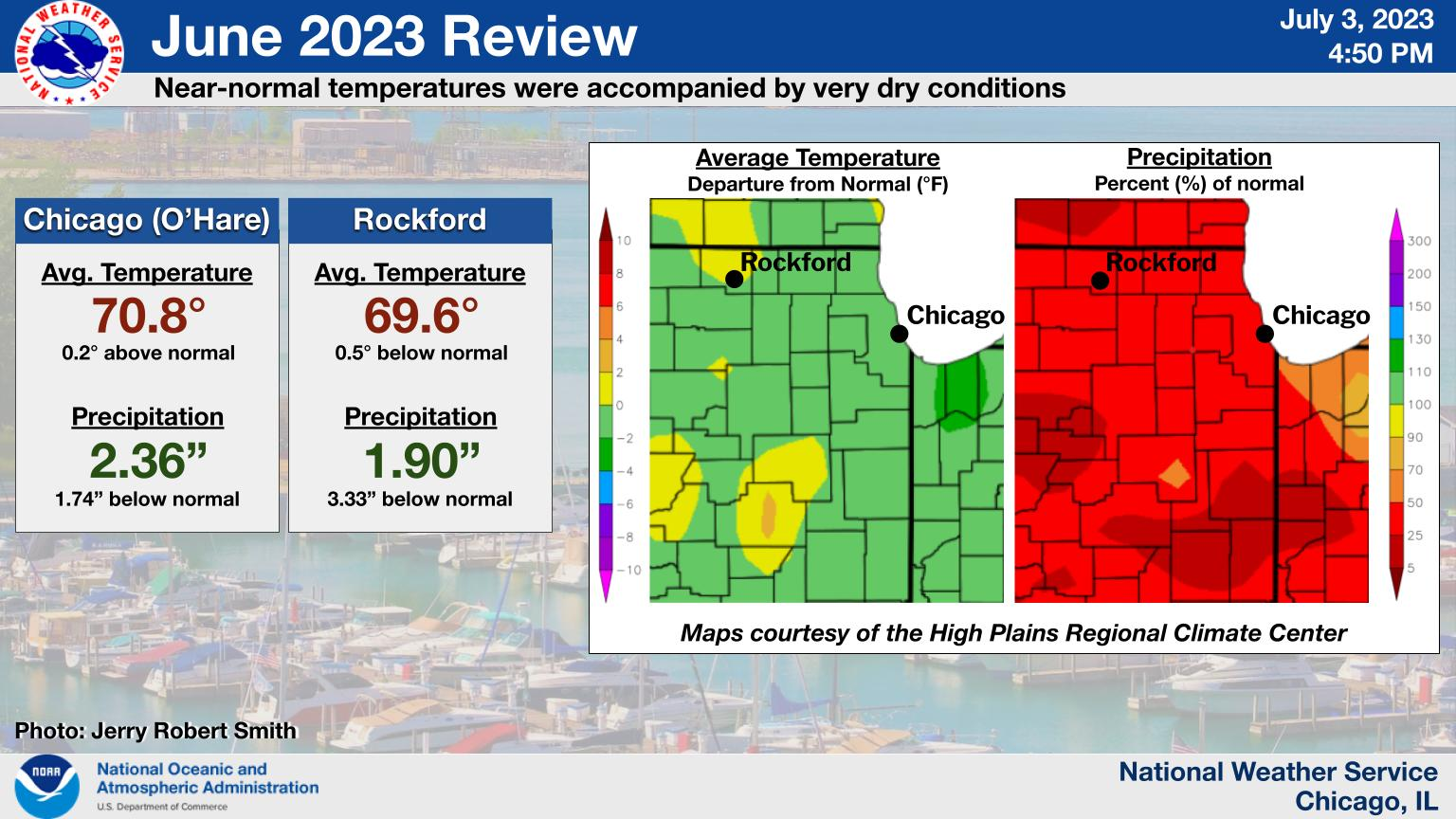 Climate summary graphic for northern Illinois and northwest Indiana for April 2023. Headline: April 2023 Review.  Sub Headline: Dry with a Wide Range of Conditions. Chicago: Average Temperature: 51.8Â°, 2.0Â° above normal; Precipitation: 2.02â€, 1.73â€ below normal; Snowfall: 0.5â€, 0.8â€ below normal. Rockford: Average Temperature: 49.2Â°, 0.1Â° above normal; Precipitation: 2.68â€, 1.07â€ below normal; Snowfall: 0.9â€, equal to normal. Graphic Created: Monday, May 1, 2023 10:54 PM CDT