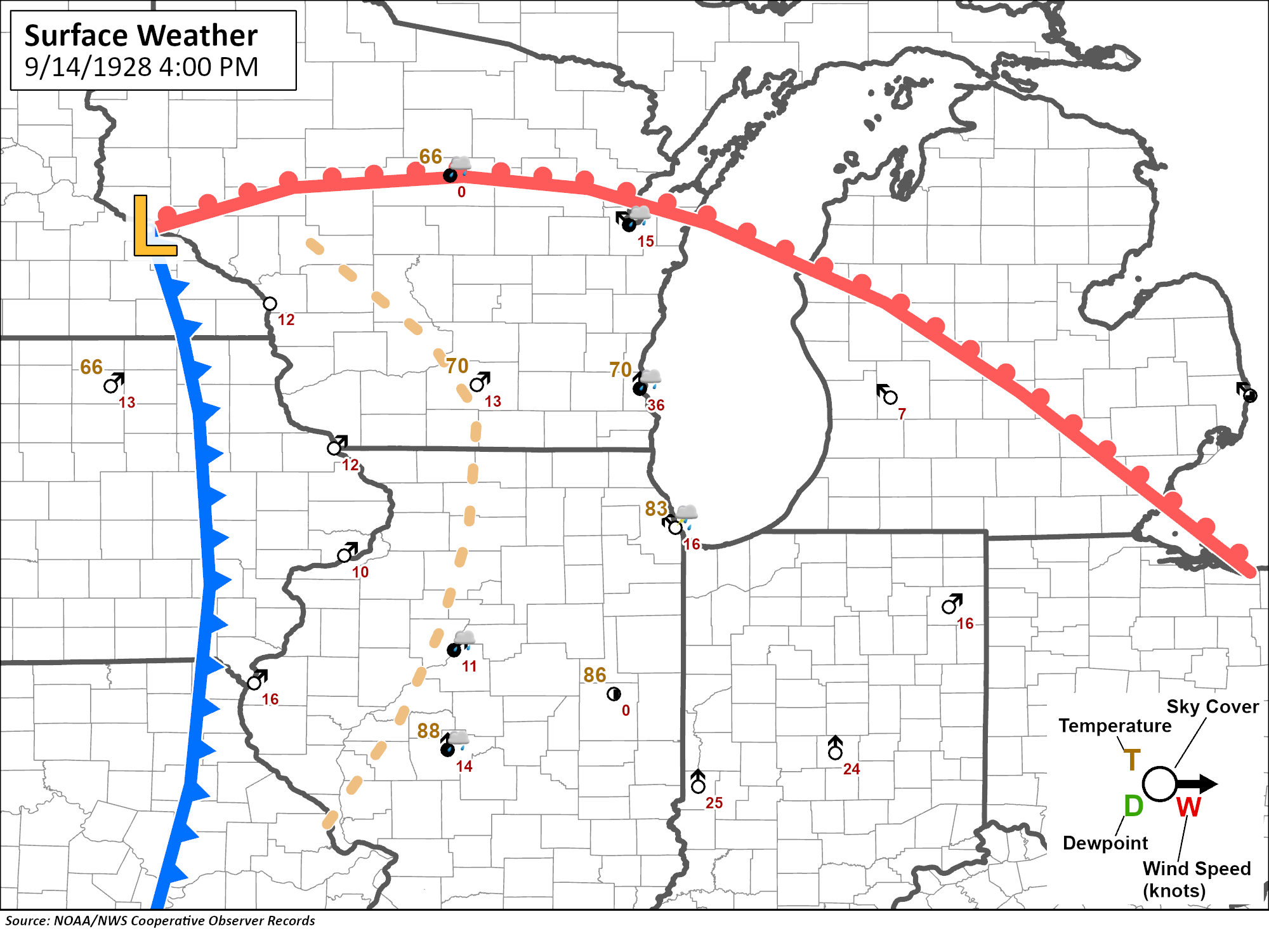 Map showing surface weather features on September 14, 1928 in the Midwest United States. A low pressure area is located in southeastern Minnesota near the Mississippi River. A warm front is depicted east through Wisconsin into southern Michigan and a cold front depicted south through eastern Iowa and eastern Missouri. A dry line or outflow boundary is depicted moving into northwestern Illinois.