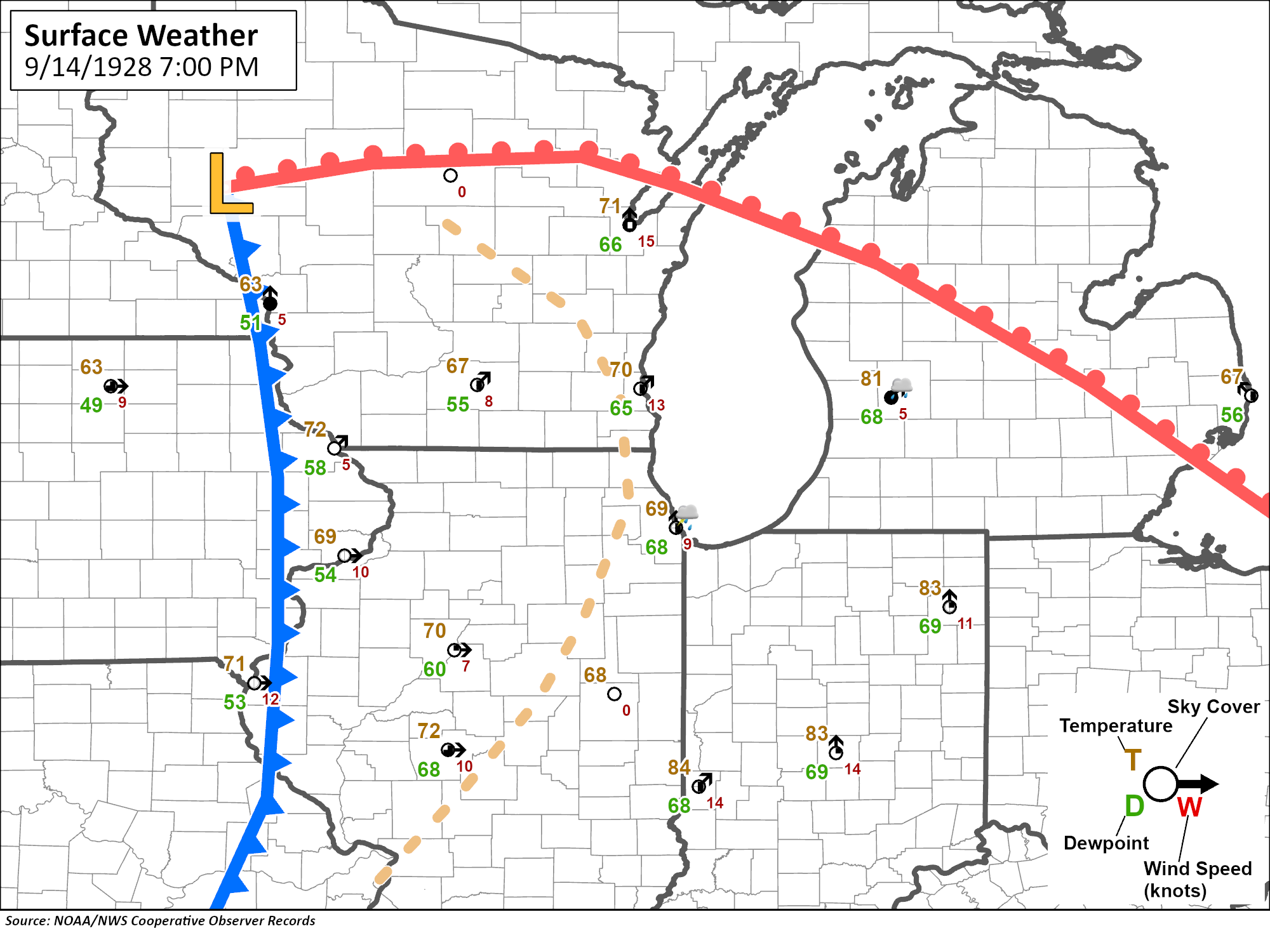 Map showing surface weather features on September 14, 1928 in the Midwest United States. A low pressure area is located in western Wisconsin near the Mississippi River. A warm front is depicted east through Wisconsin into central Michigan and a cold front depicted south along the Mississippi River into eastern Missouri. A dry line or outflow boundary is depicted moving into northeastern Illinois near Lake Michigan.