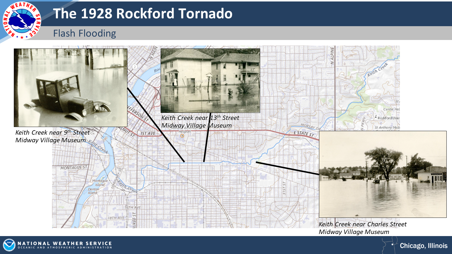 Map of flooding in Rockford after the 1928 tornado. One image shows a flooded car, another image shows two flooded buildings, and a third image shows a large floodplain covered with water.