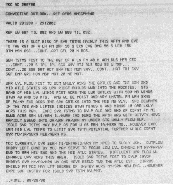 NSSFC severe weather outlook for August 28, 1990, during the overnight hours the day of the event