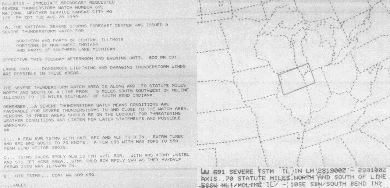 Severe thunderstorm watch number 991 issued by the NSSF on August 28, 1990.