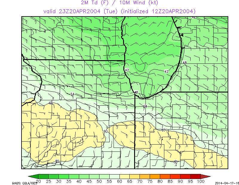 Image showing dewpoint and wind from a retrospective weather model simulation