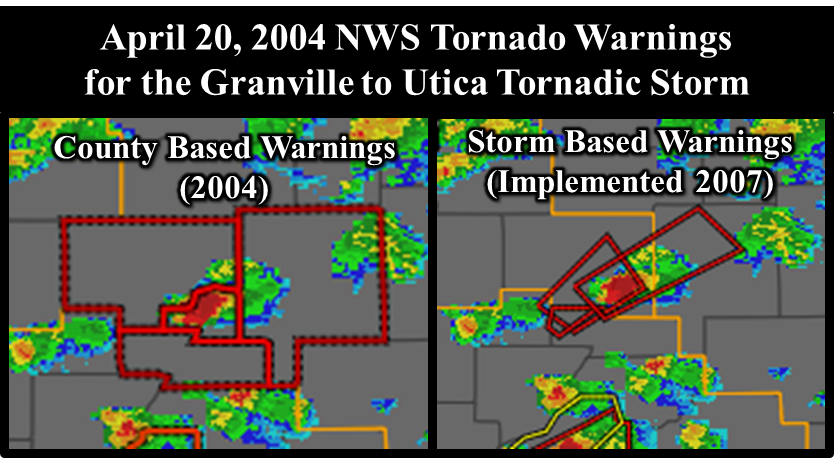 Graphic comparing tornado warnings before and after implementation of storm-based warnings in 2007