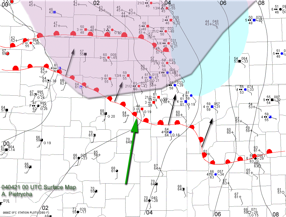 Maps showing surface weather conditions at 7PM CDT on April 20, 2004