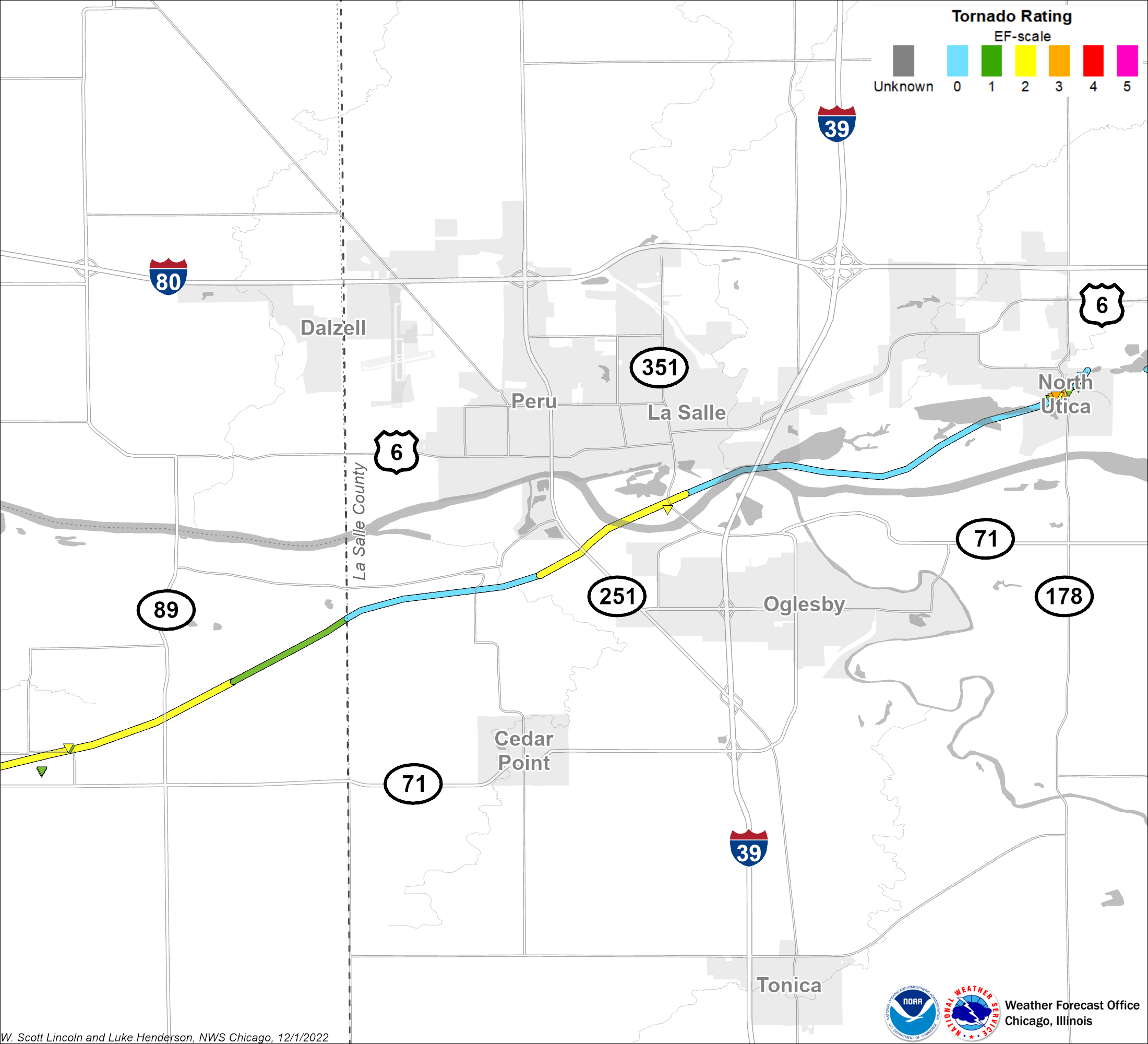 Map showing Granville-Utica tornado track