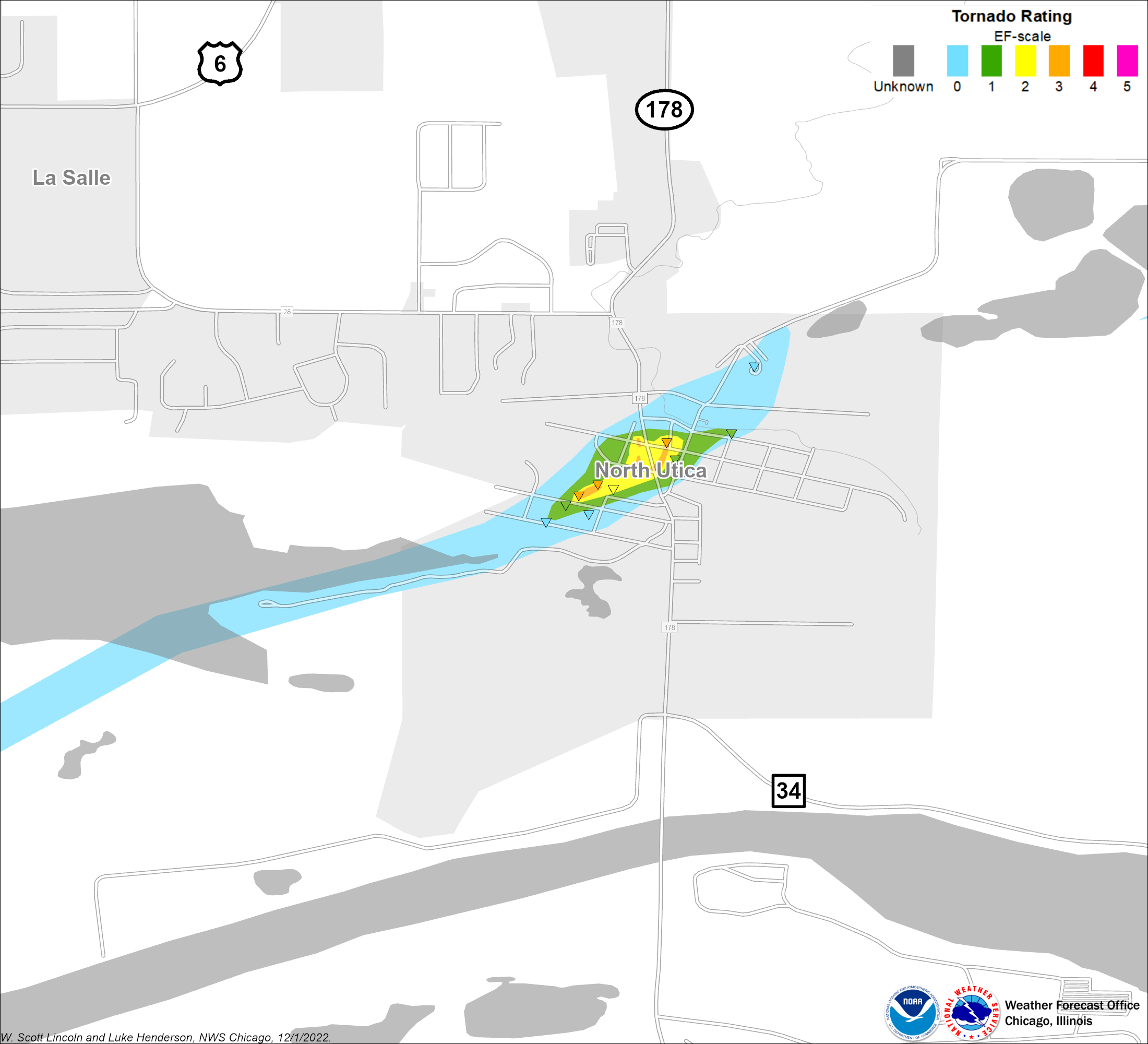 Map showing Granville-Utica tornado track