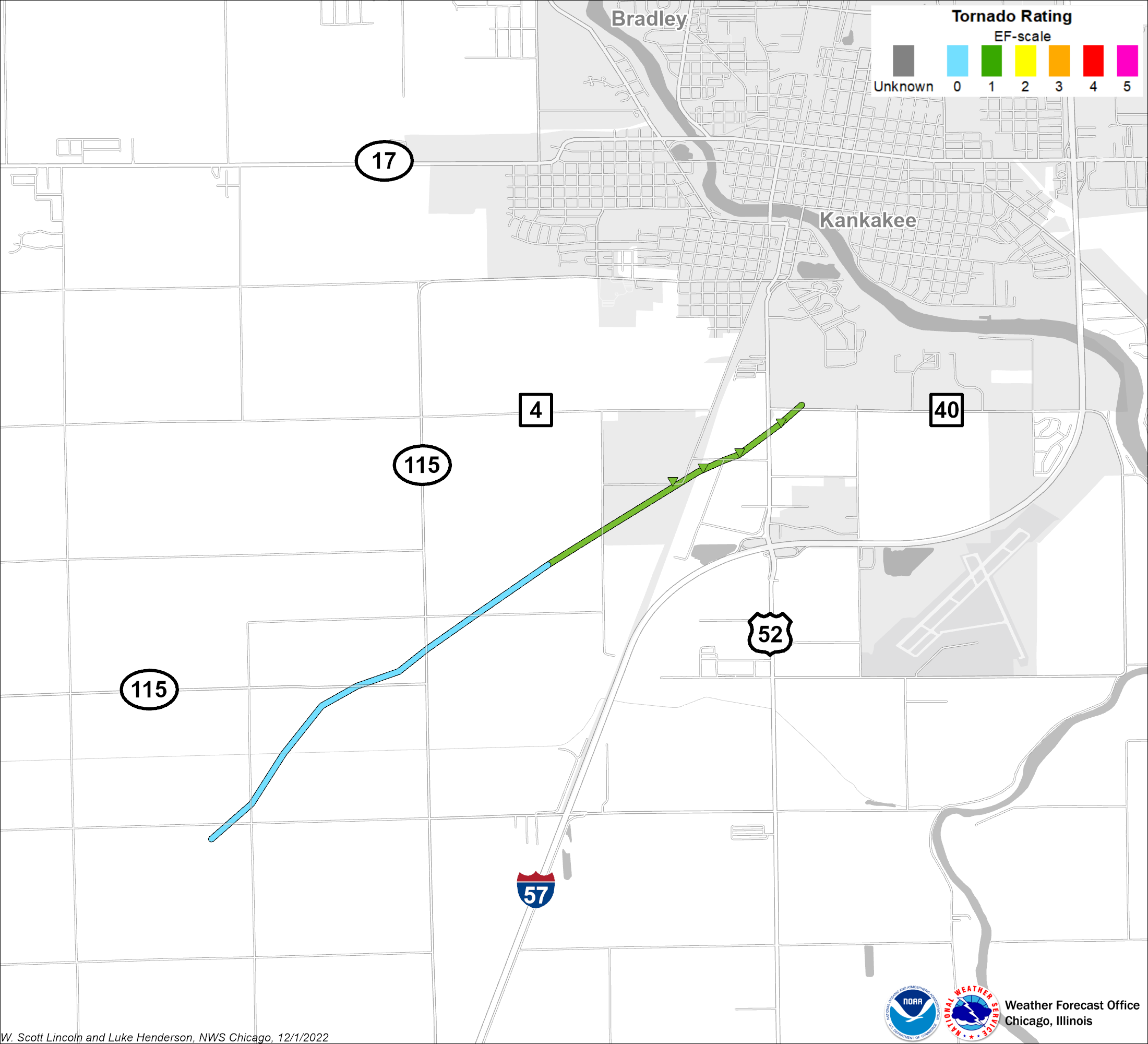 Map showing track of Kankakee tornado