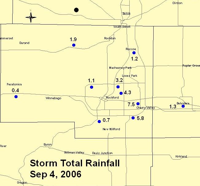Rockford Storm Total Rainfall Labor Day 2006