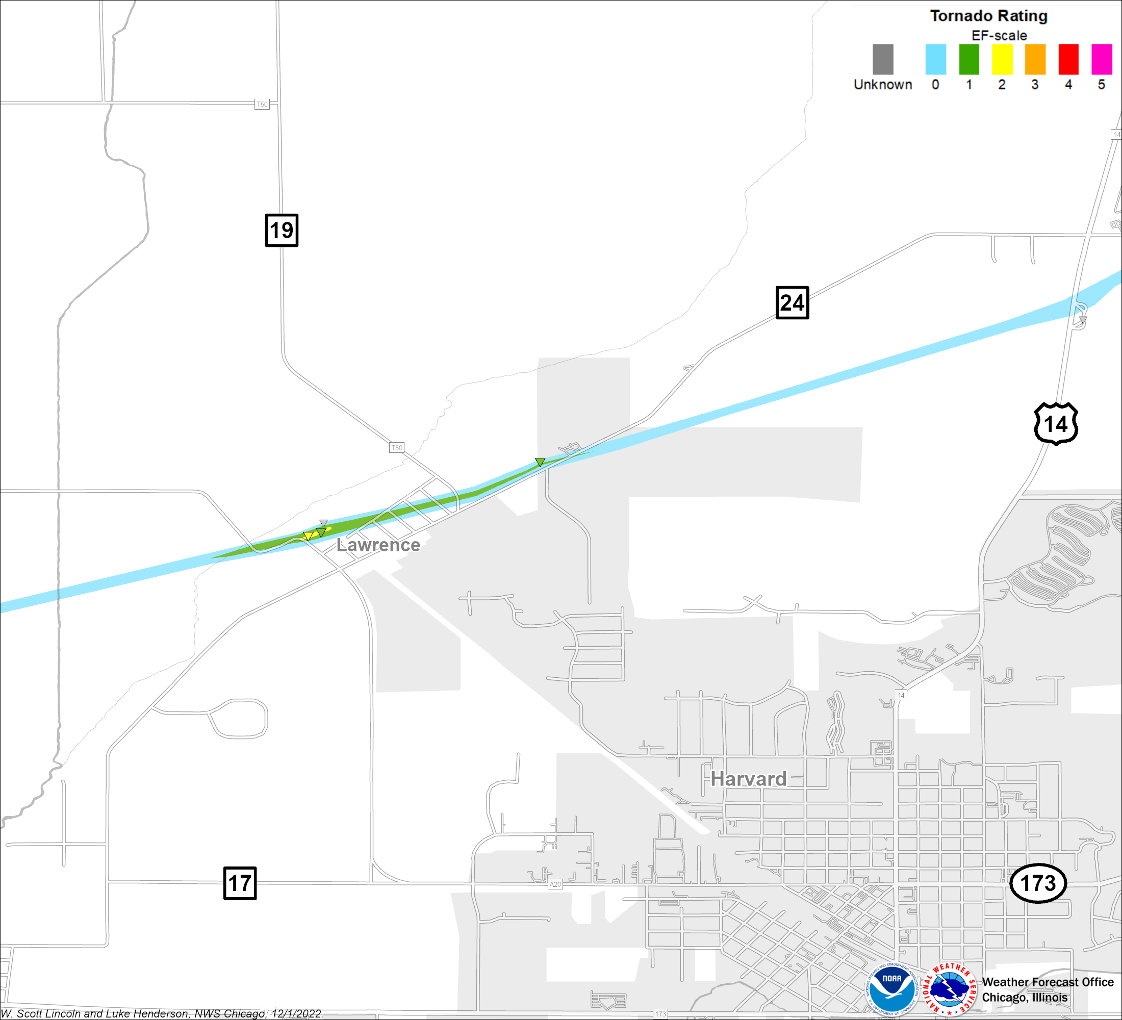 Map showing Poplar Grove Harvard tornado track, zoomed in to the Lawrence area