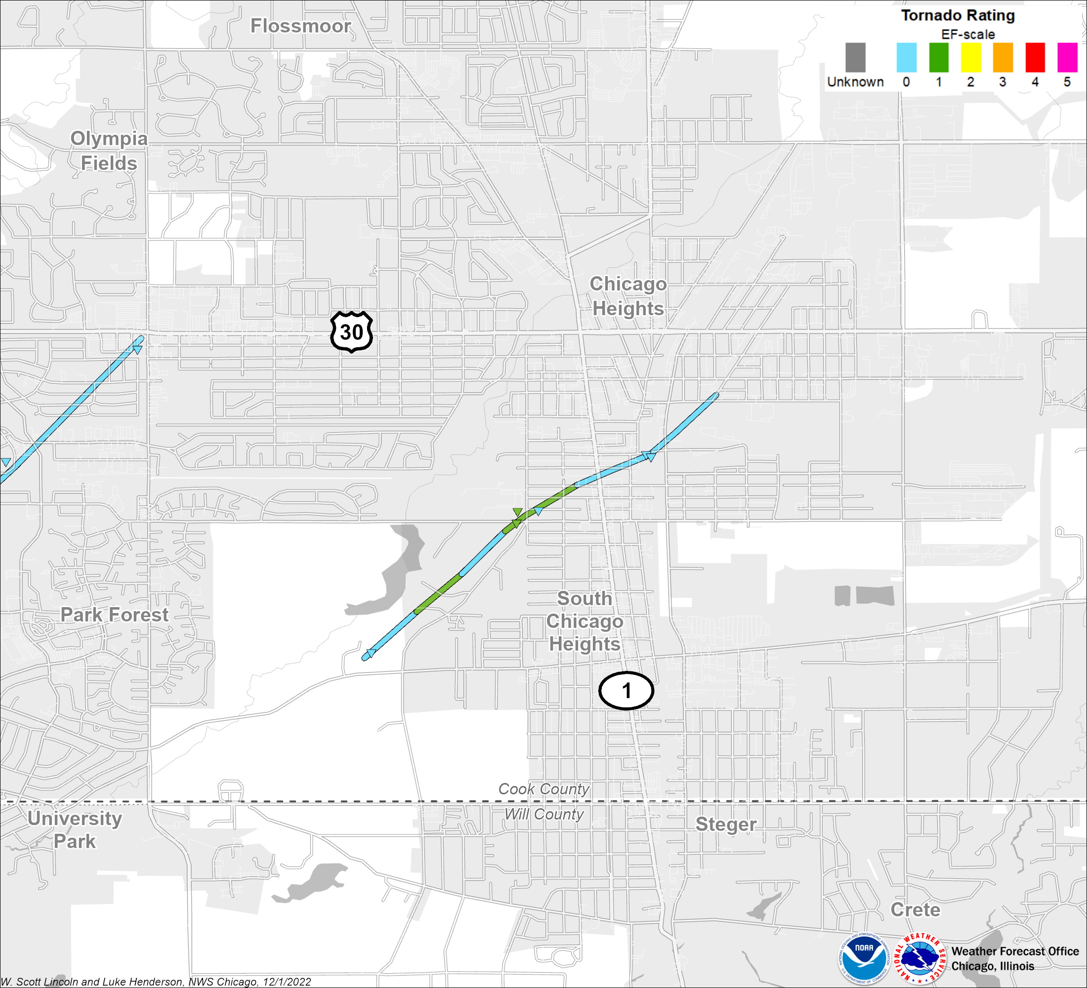 Map showing track of Chicago Heights tornado