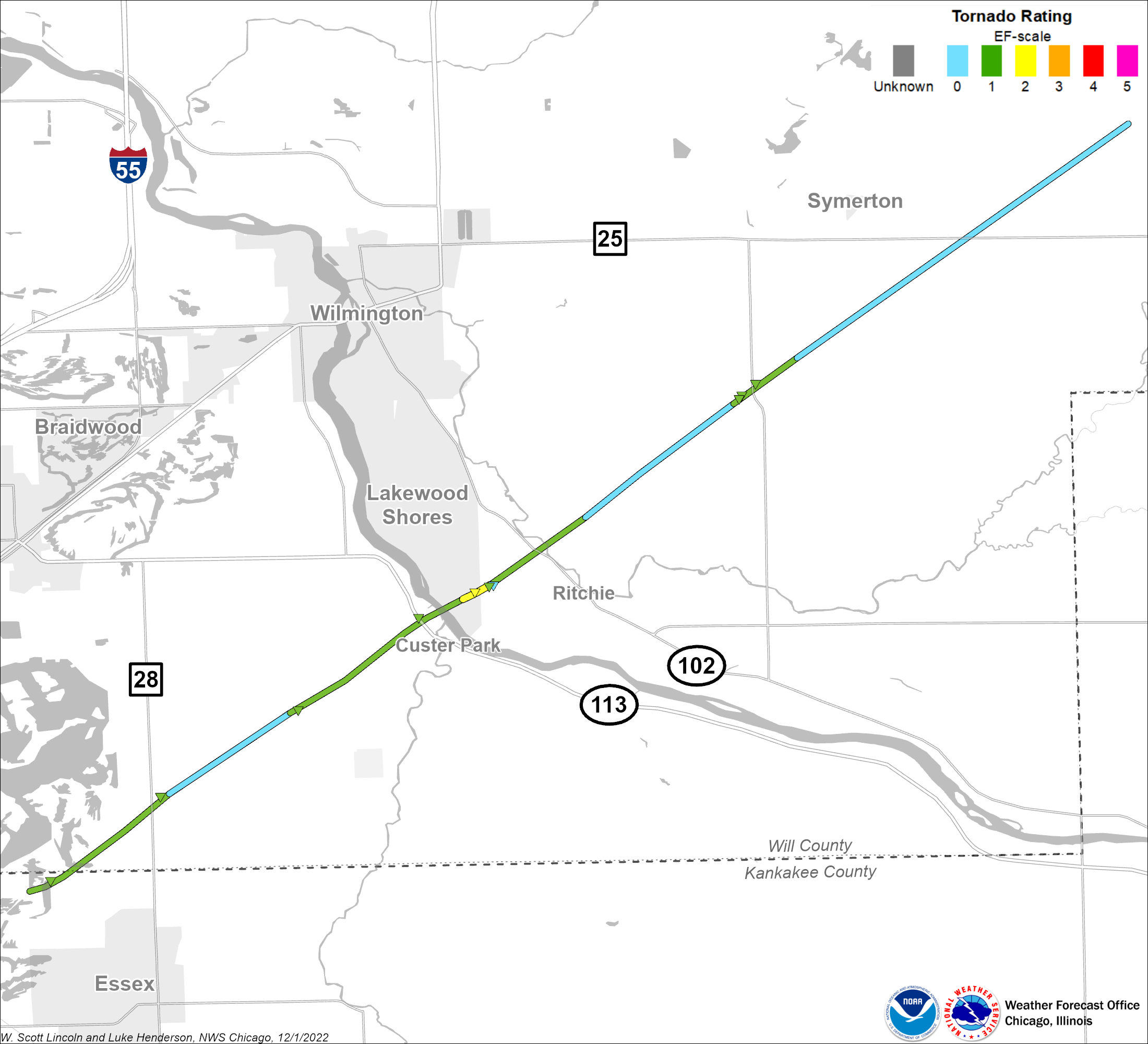 Map showing Essex-Wilmington tornado track