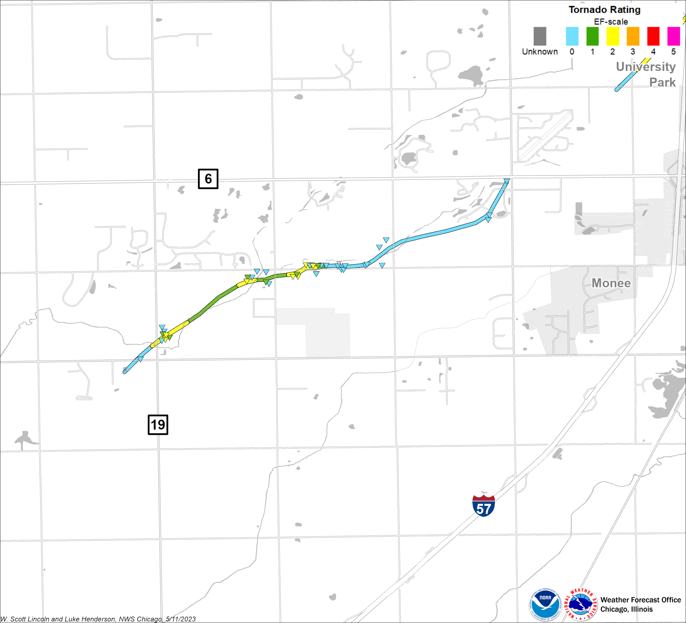 Map showing track of Monee tornado