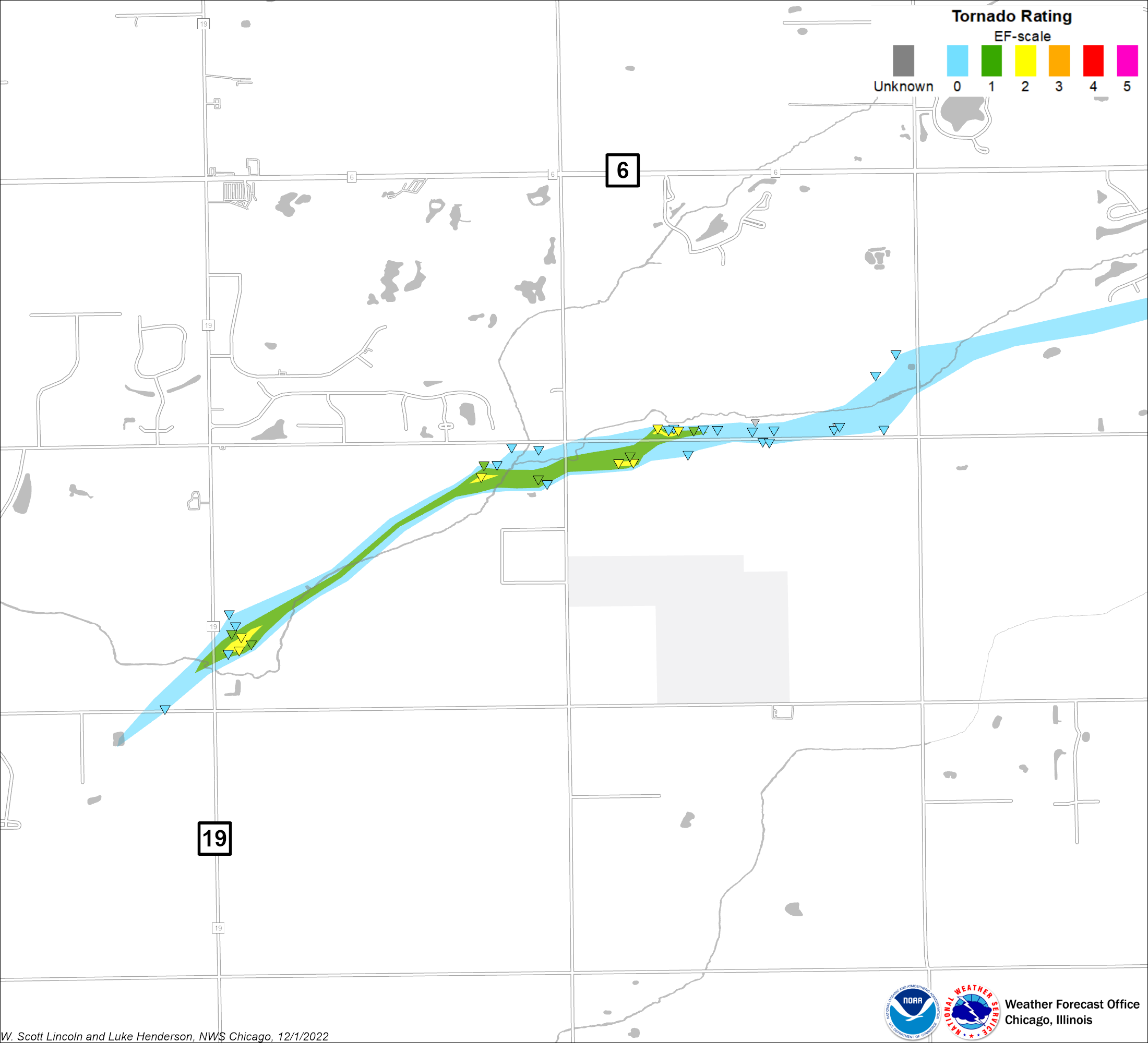 Map showing track of Monee tornado zoomed to the area of most severe damage