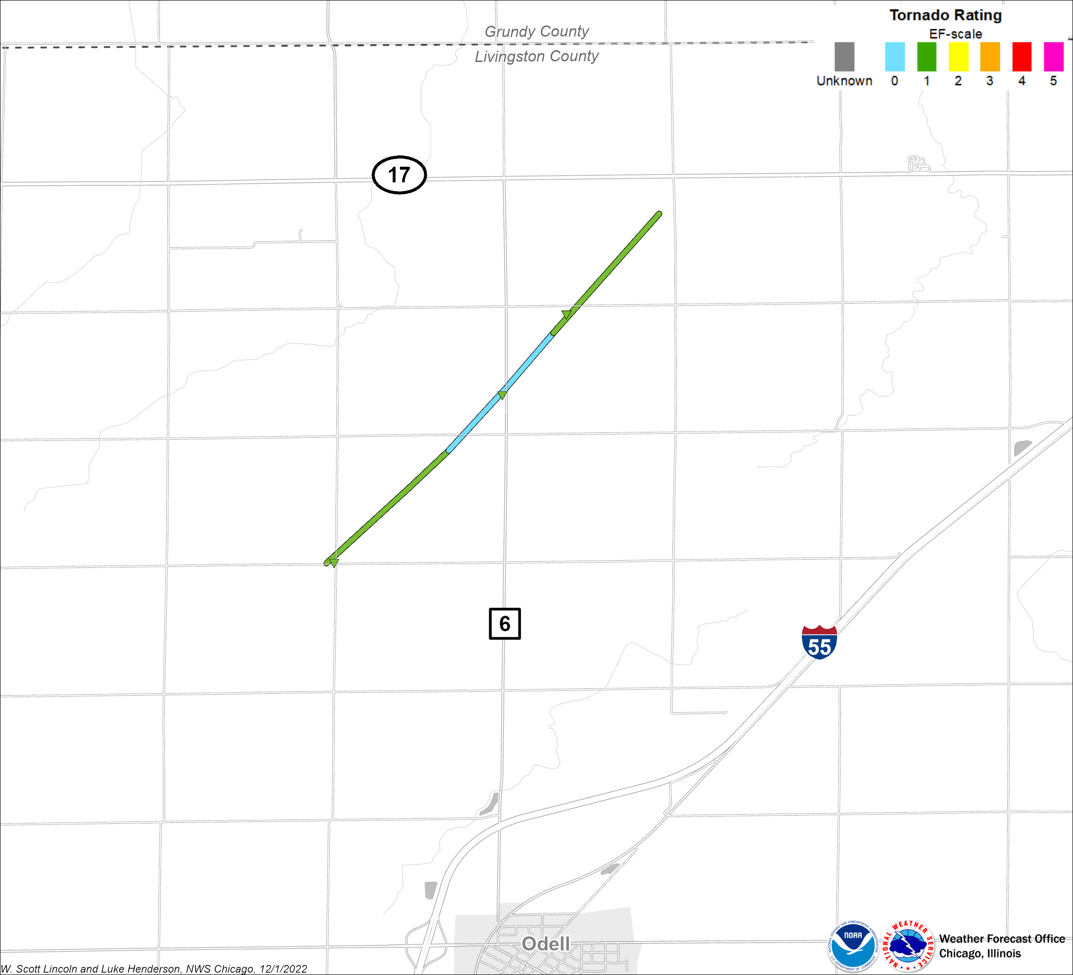 Map showing track of Utica-Ottawa tornado