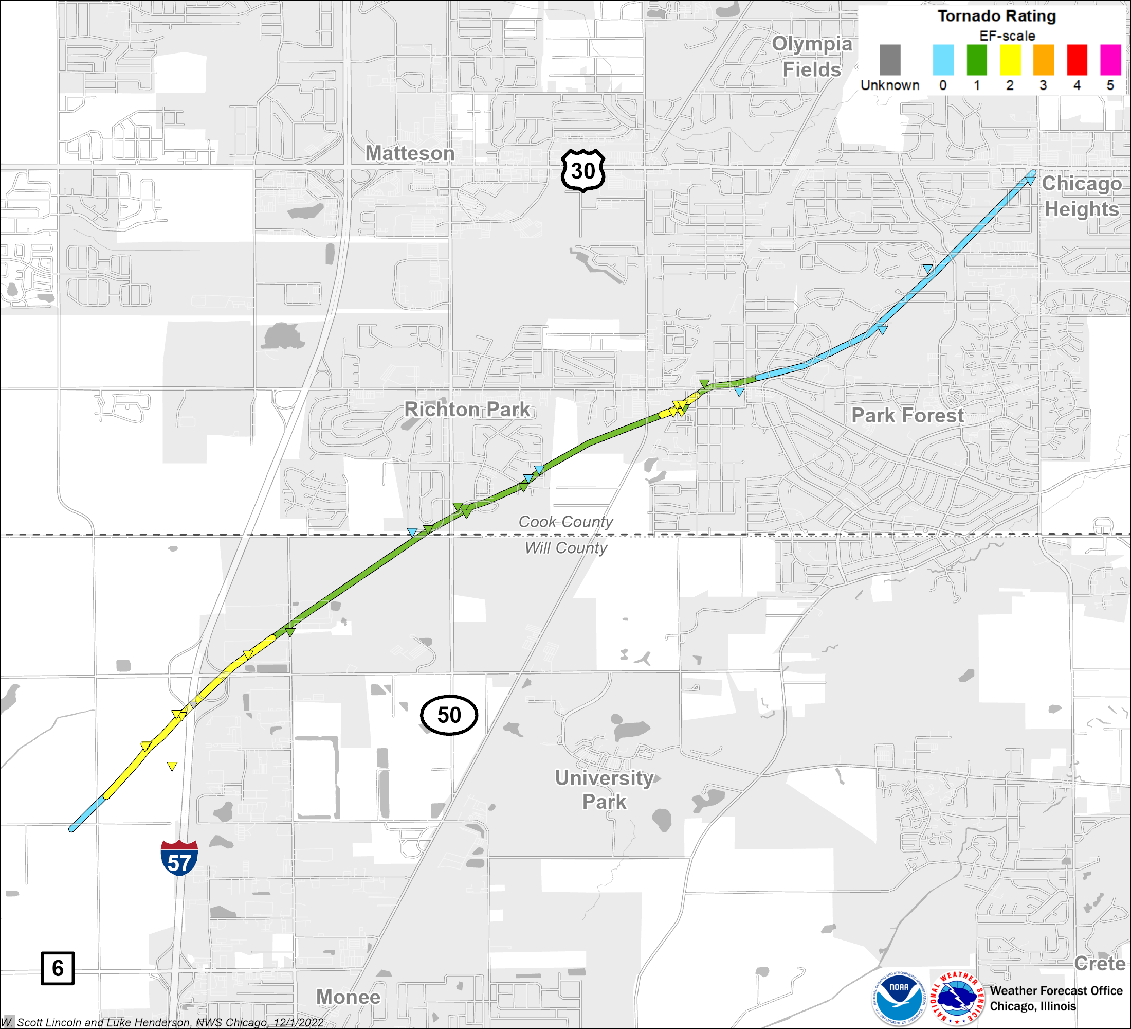 Map showing track of Richton Park Park Forest tornado