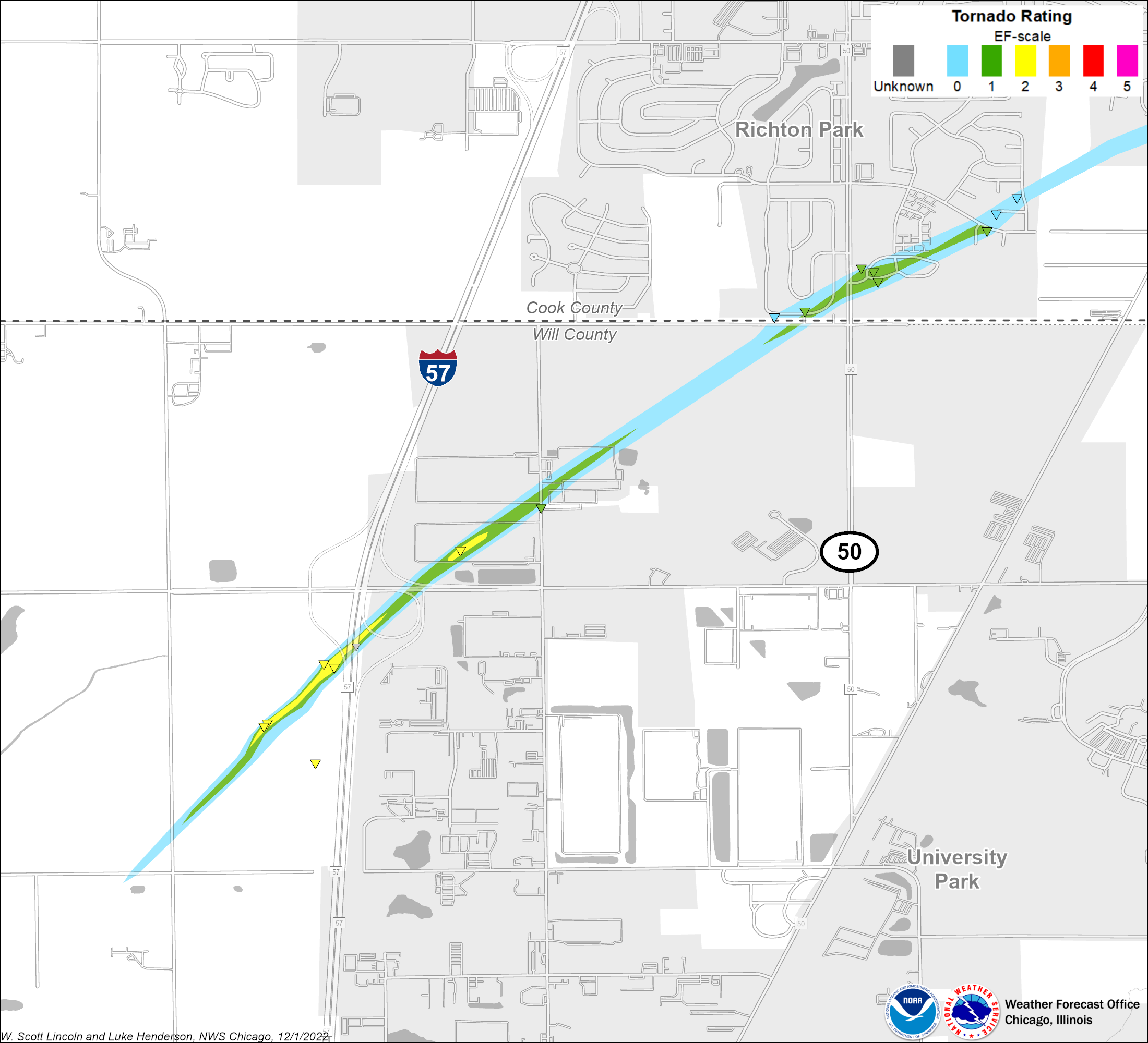 Map showing track of Richton Park Park Forest tornado showing damage in the Richton Park area