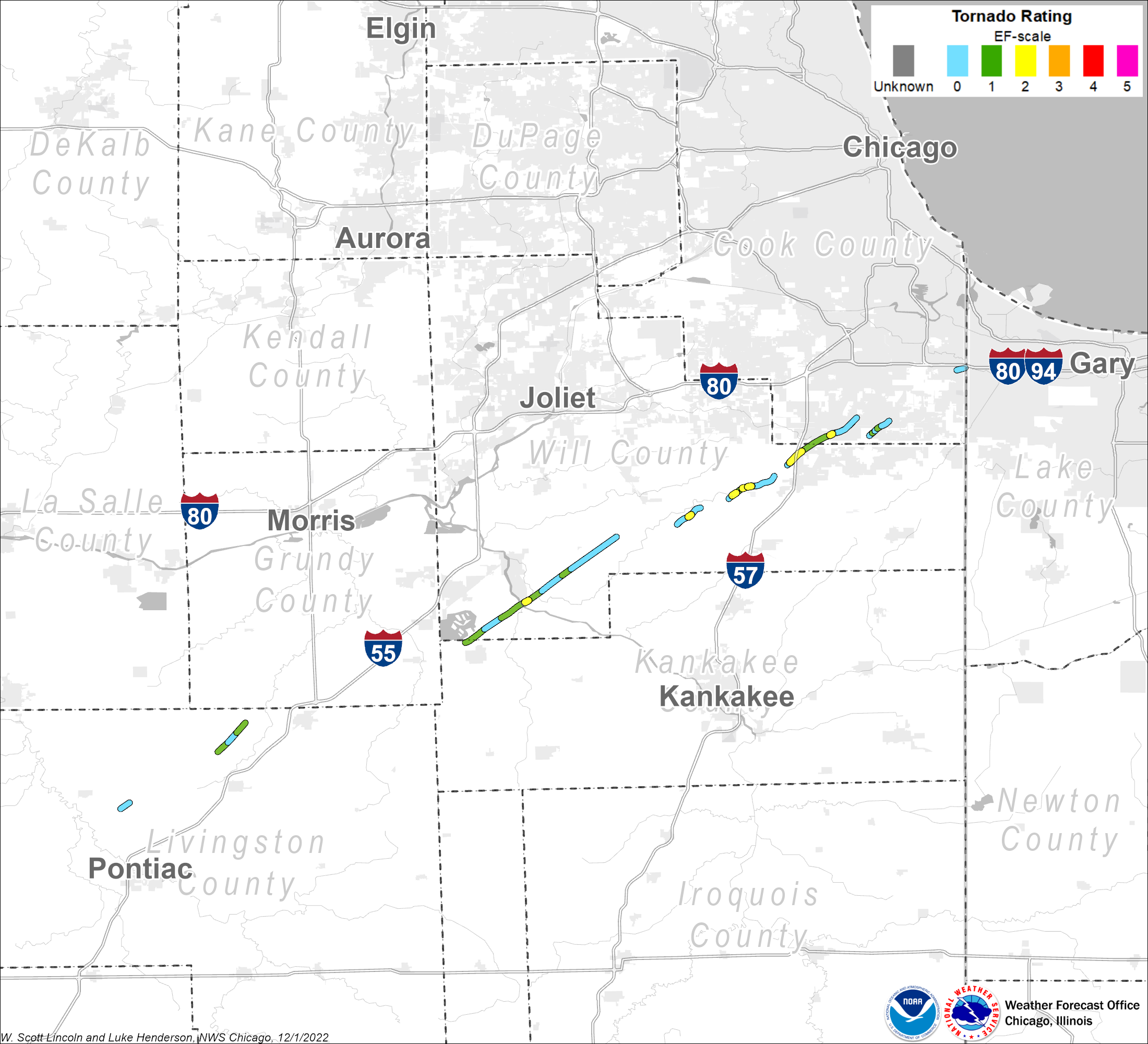 Map showing overview of tornado tracks