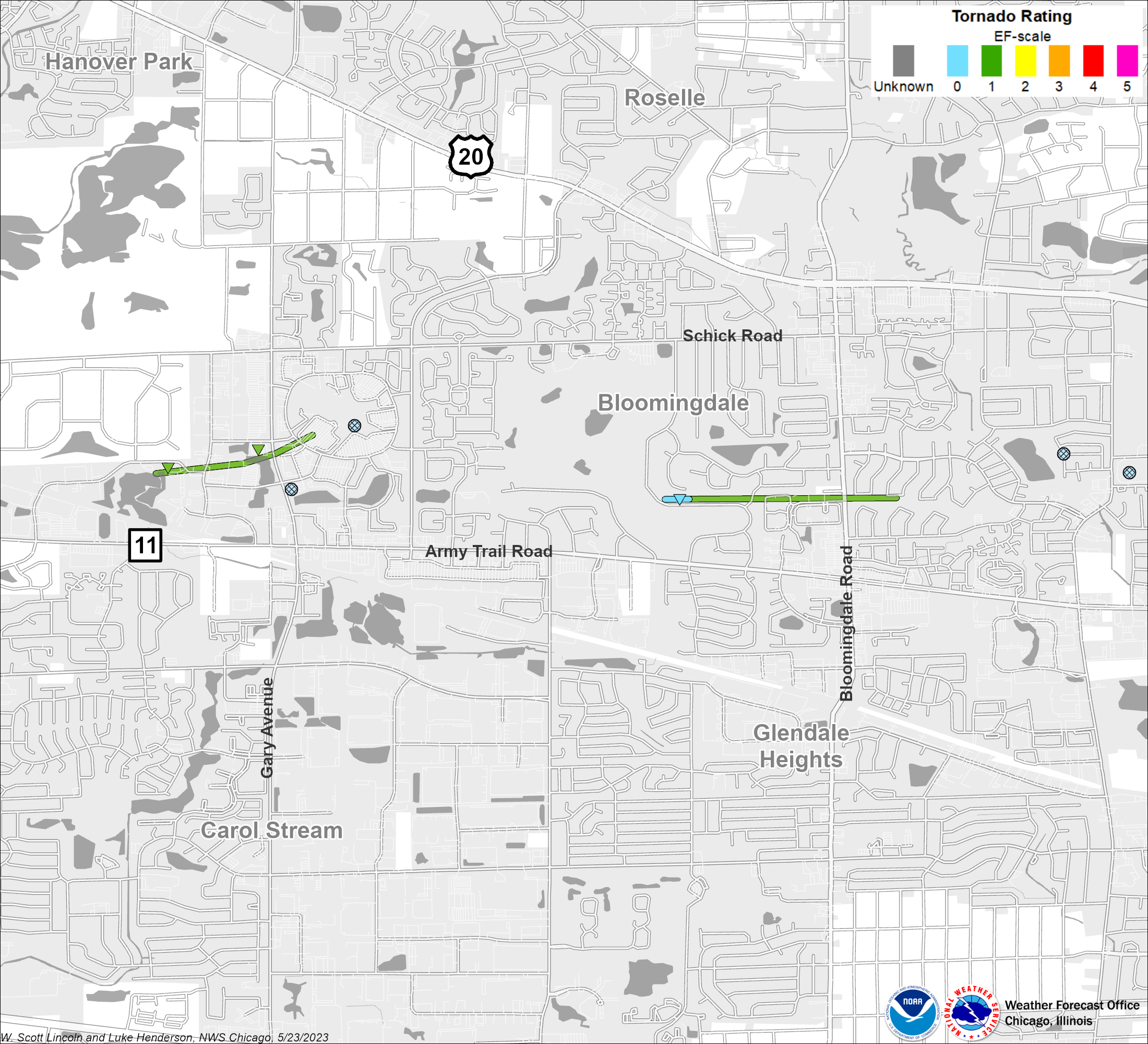 Map showing Bloomingdale tornado track