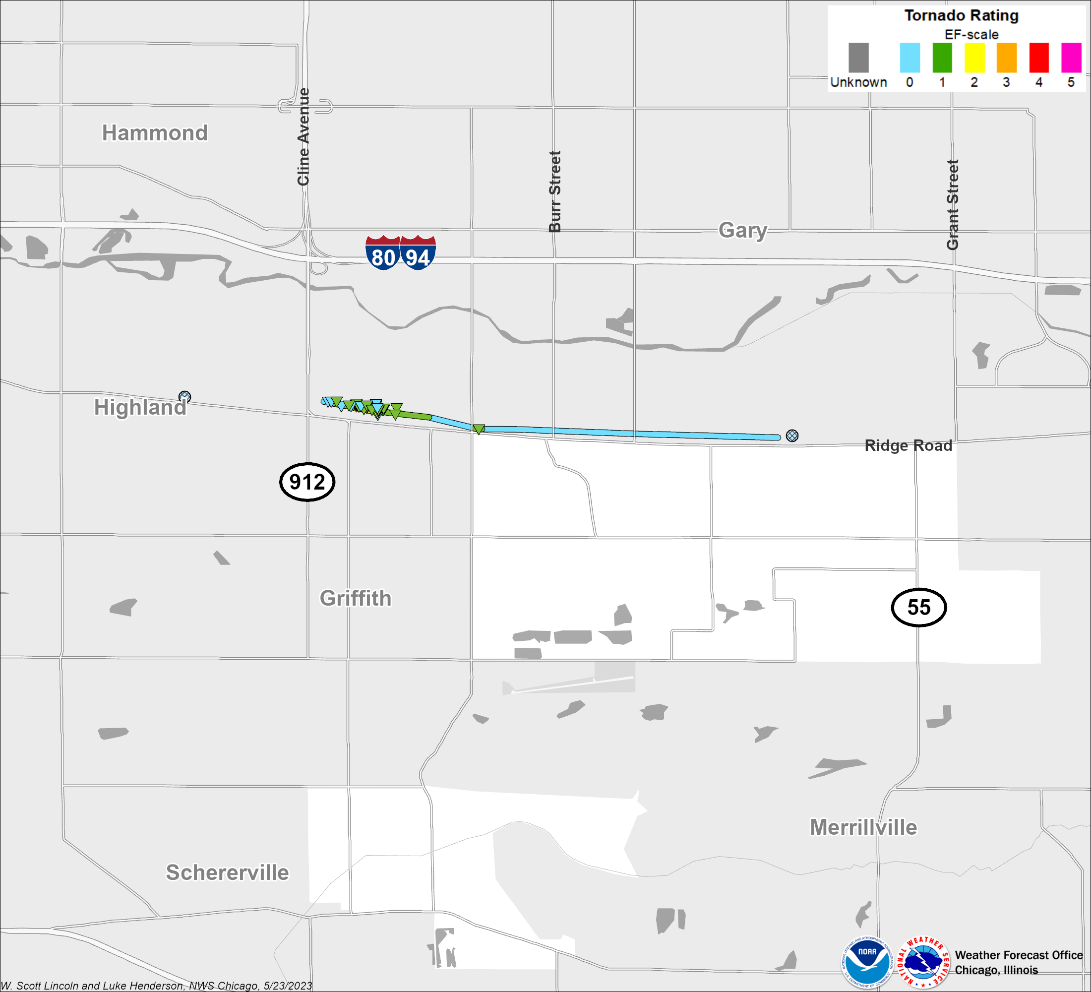Map showing Griffith tornado track