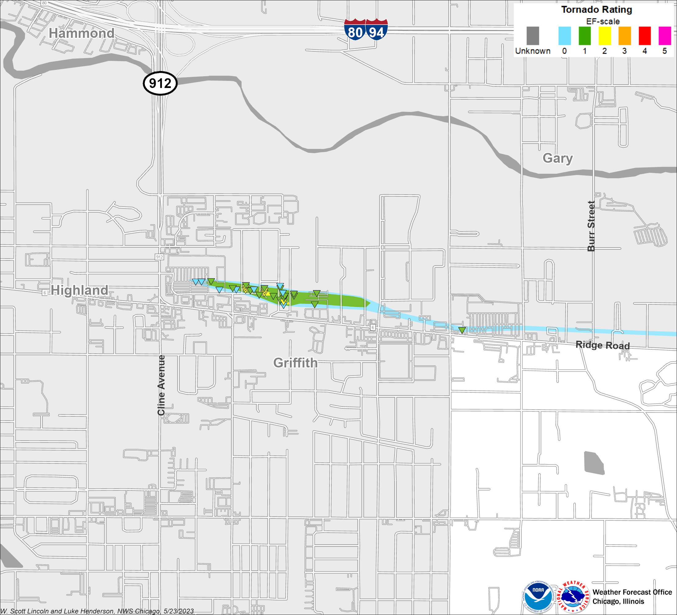 Map showing Griffith tornado track, zoomed in on the area of most intense damage