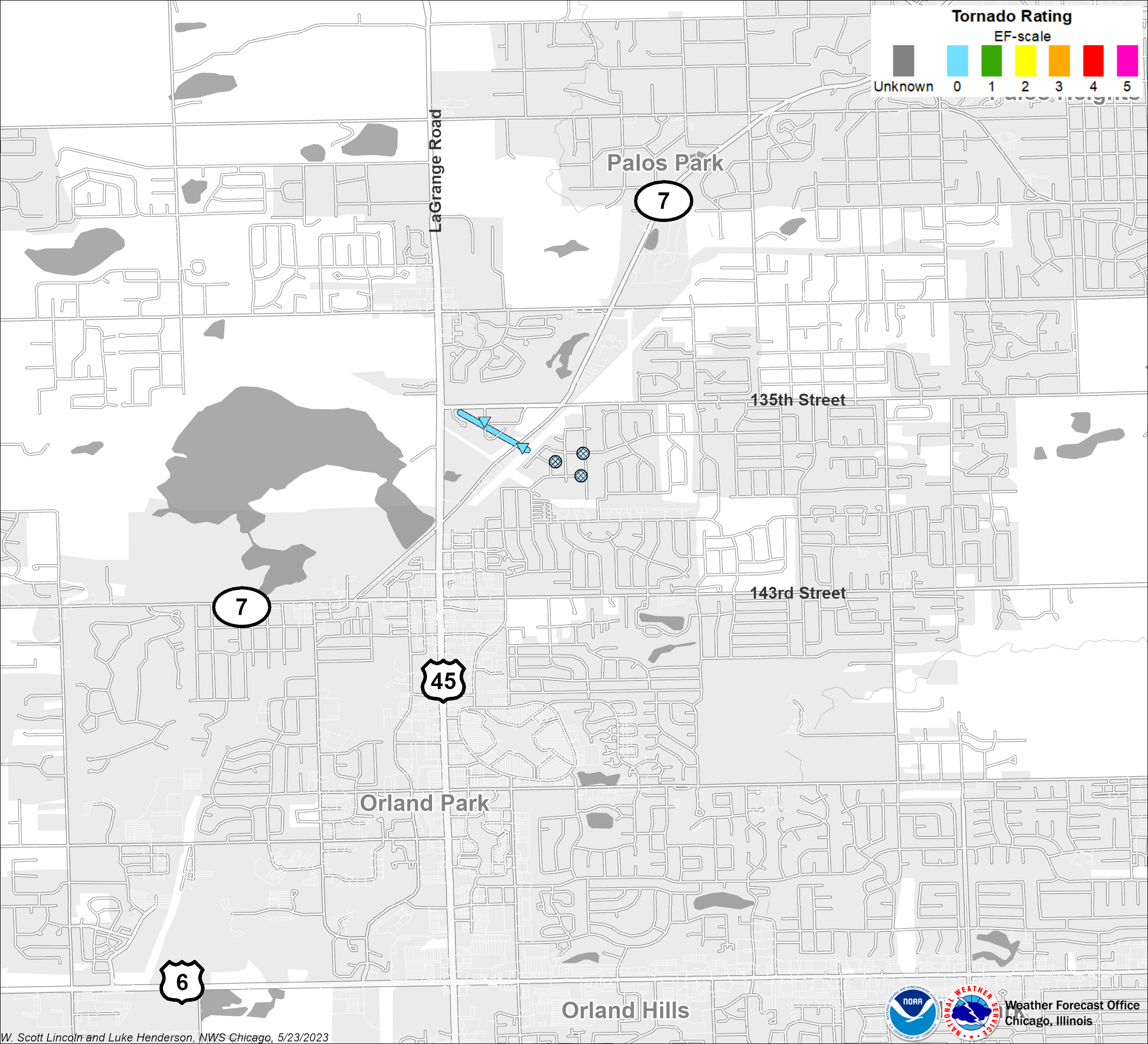 Map showing Orland Park tornado track