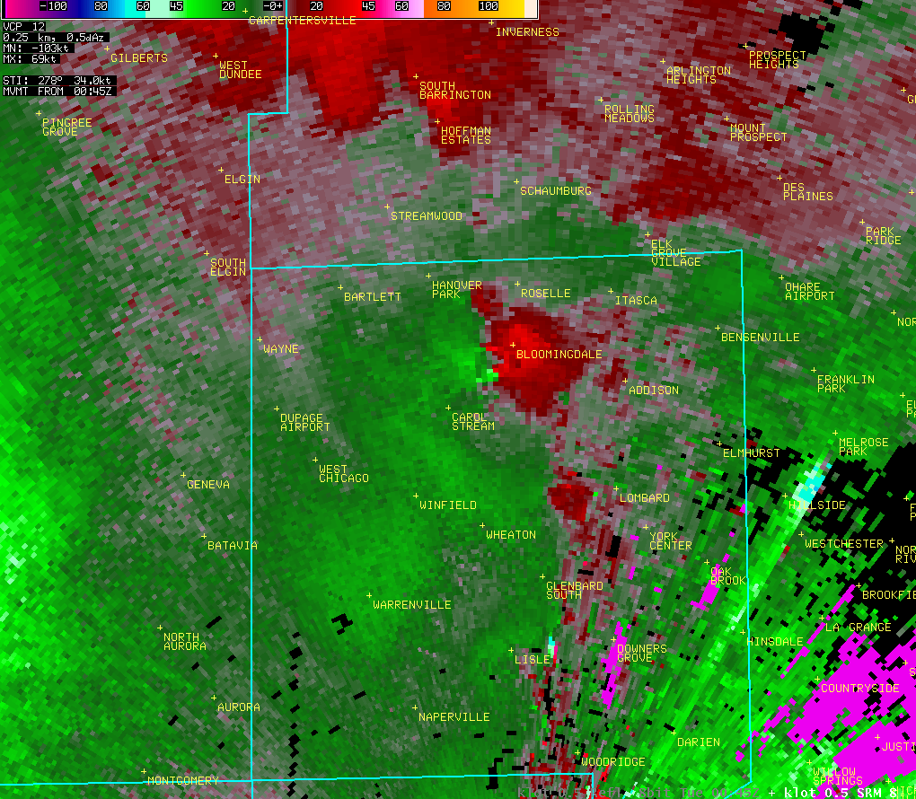 Radar storm-relative velocity valid while the Bloomingdale tornado was occurring.
