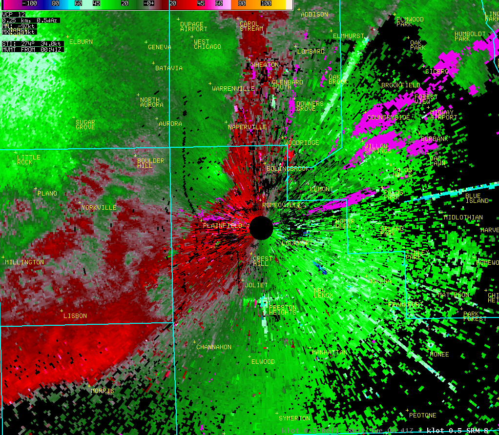 Radar storm-relative velocity valid while the Bolingbrook tornado was occurring.