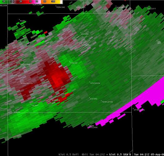 Radar storm-relative velocity valid while the Boswell tornado was occurring.