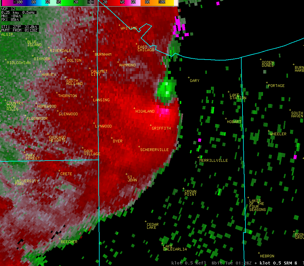 Radar storm-relative velocity valid while the Griffith tornado was occurring.