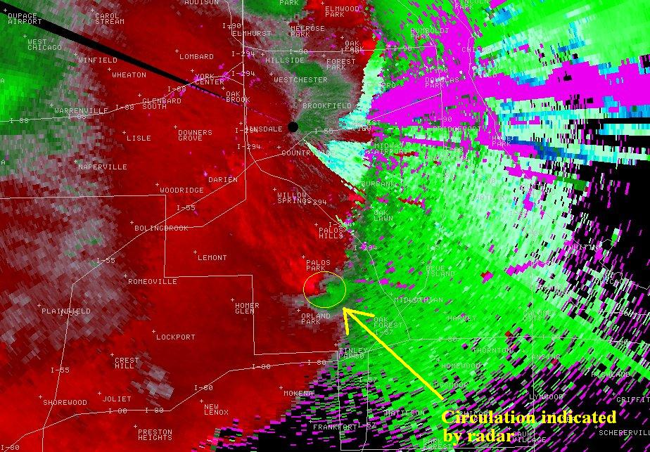 Radar storm-relative velocity valid while the Orland Park tornado was occurring.