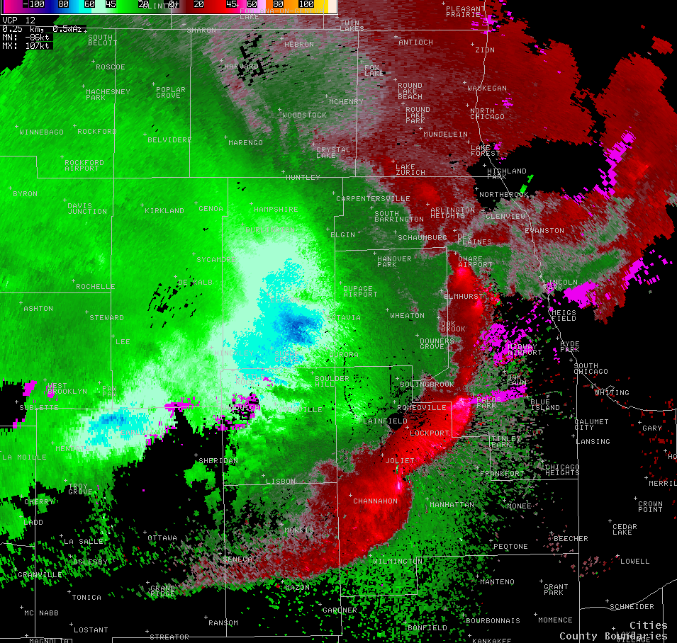 Radar base velocity valid while the straight-line winds were moving into DuPage and Cook counties