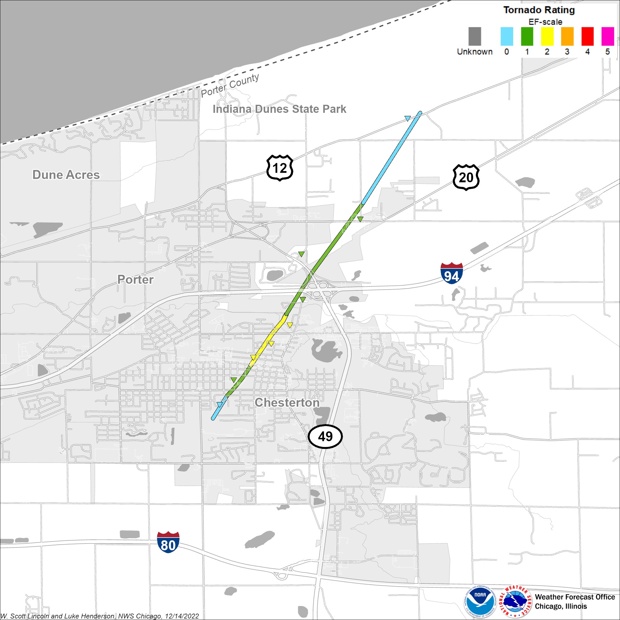 Map showing Chesterton tornado track