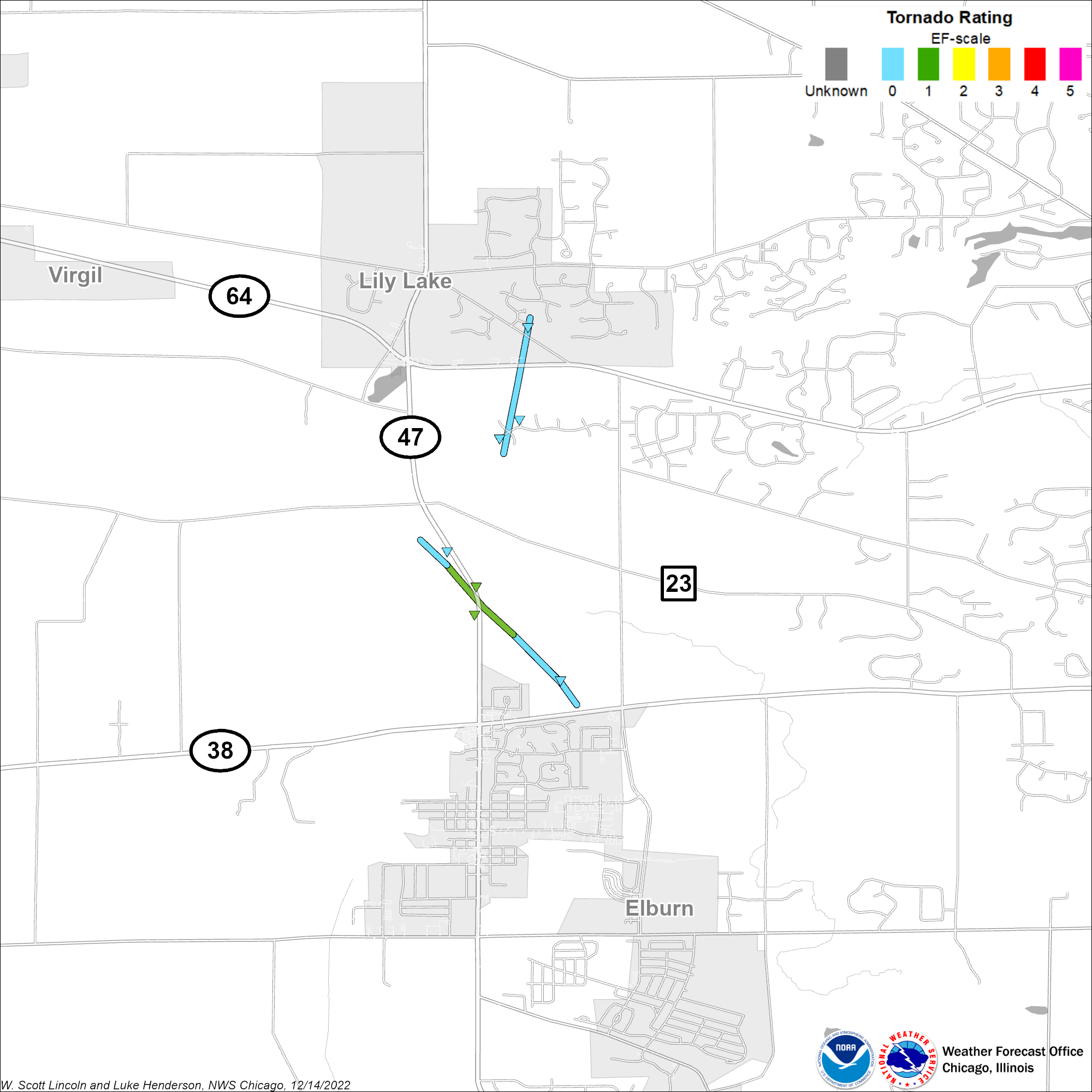Map showing track of Elburn and Lily Lake tornadoes