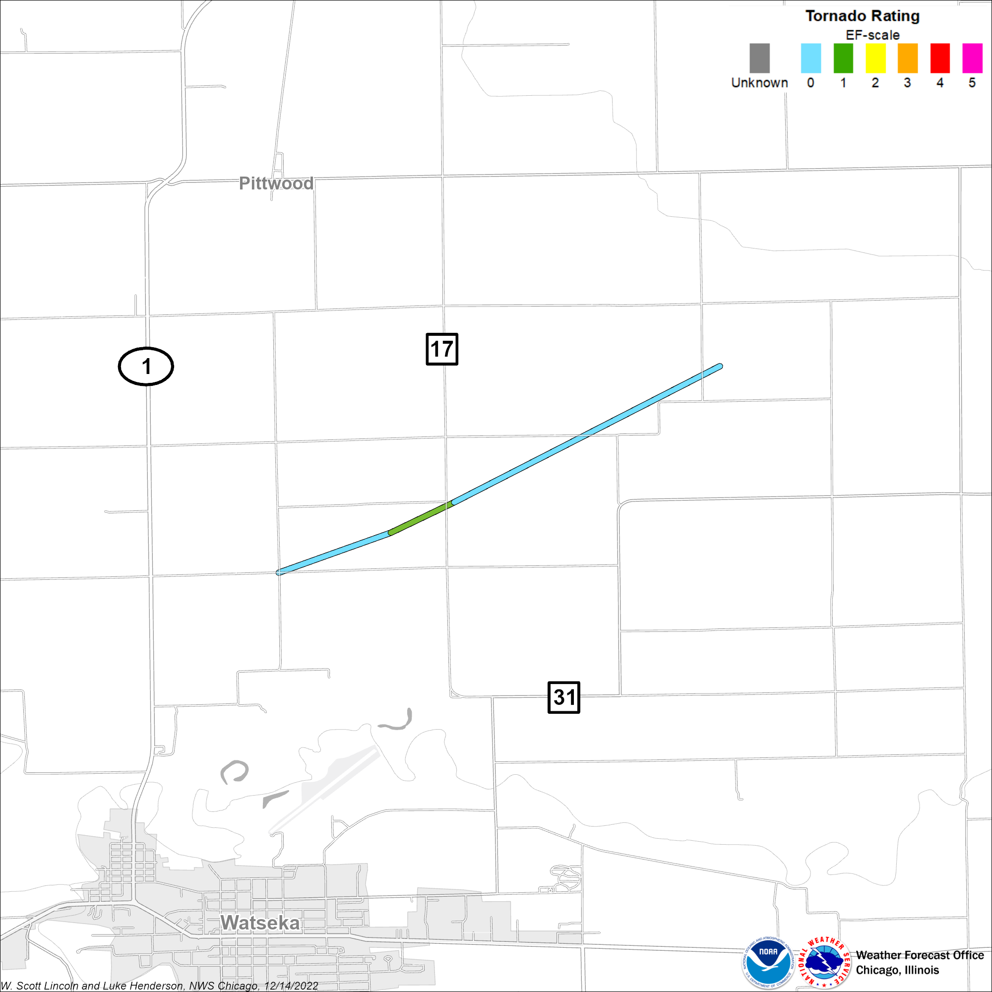 Map showing Pittwood tornado track