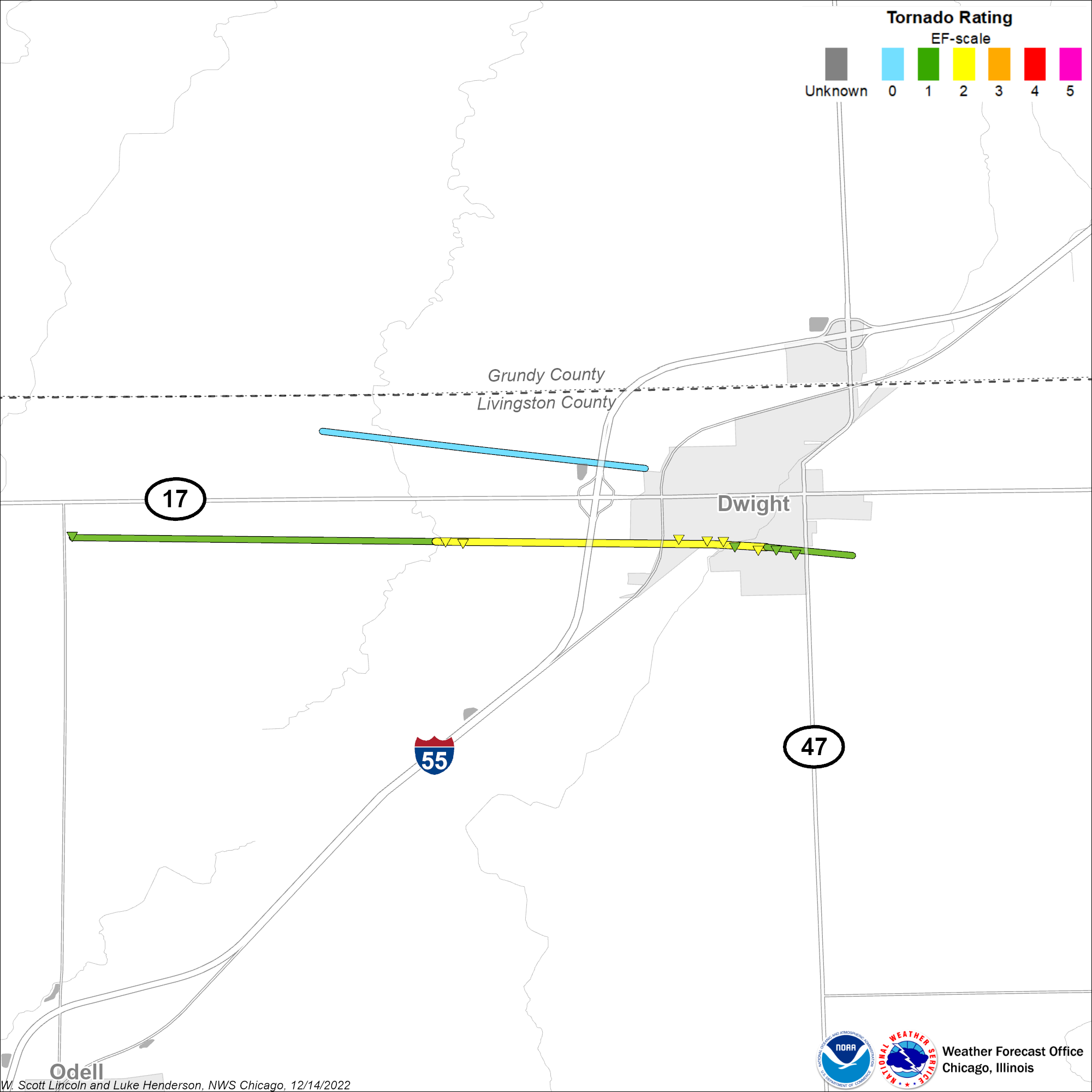 Map showing track of Dwight tornado