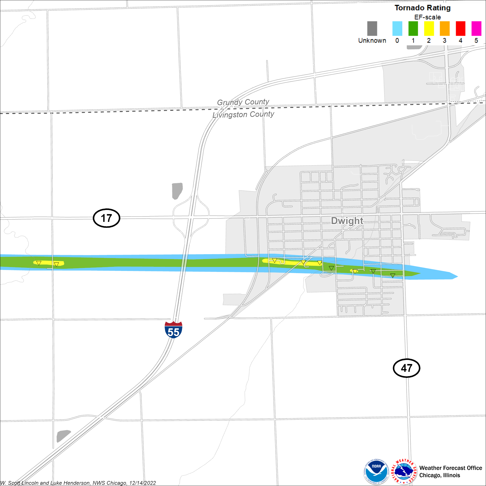 Map showing track of Dwight tornado, zoomed in to the Dwight area