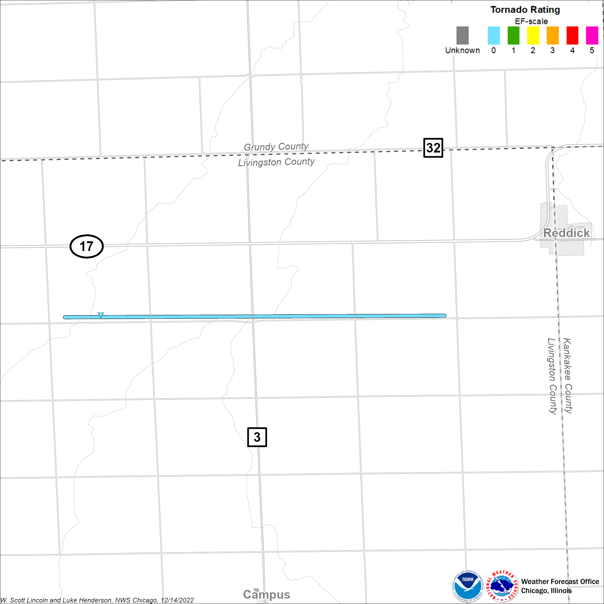 Map showing Reddick tornado track